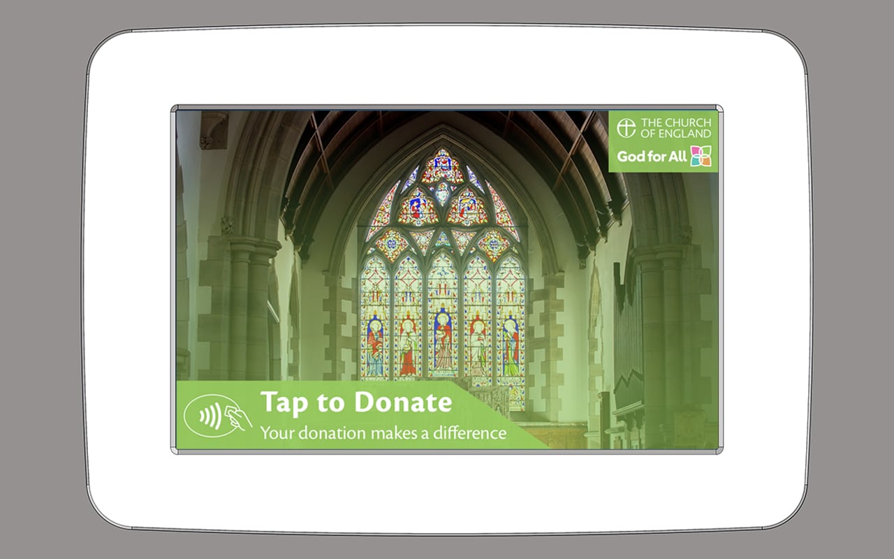 An example of an Attract loop screen, inside a Donation Station bezel