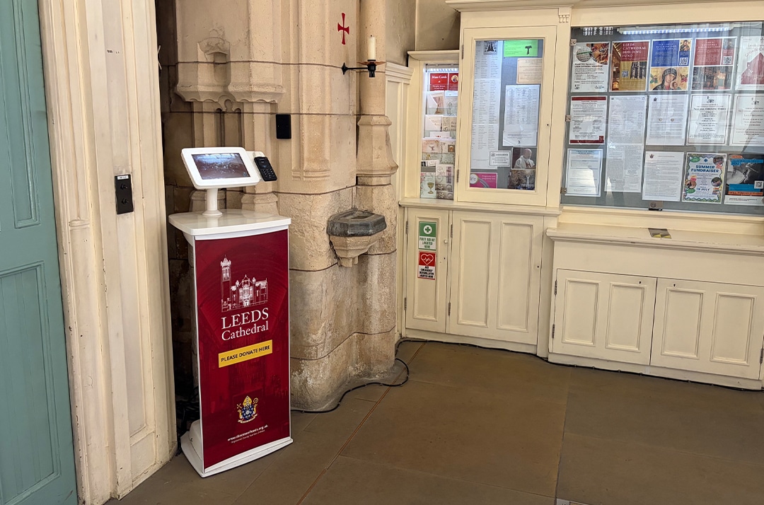 Leeds cathedral entrance featuring Donation Station
